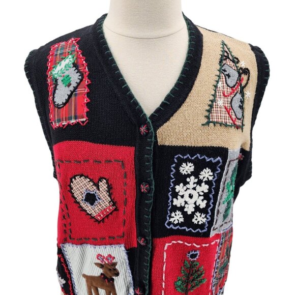 Vintage Victoria Jones Womens 2X Vest Christmas Patchwork Knit Sweater Retro - Picture 2 of 10